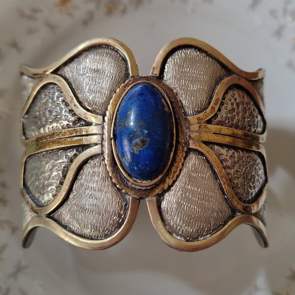 Vintage 1980s MORITA GIL Chile Mixed Metal & Lapis Lazuli Designer Bracelet 925 - Picture 6 of 10